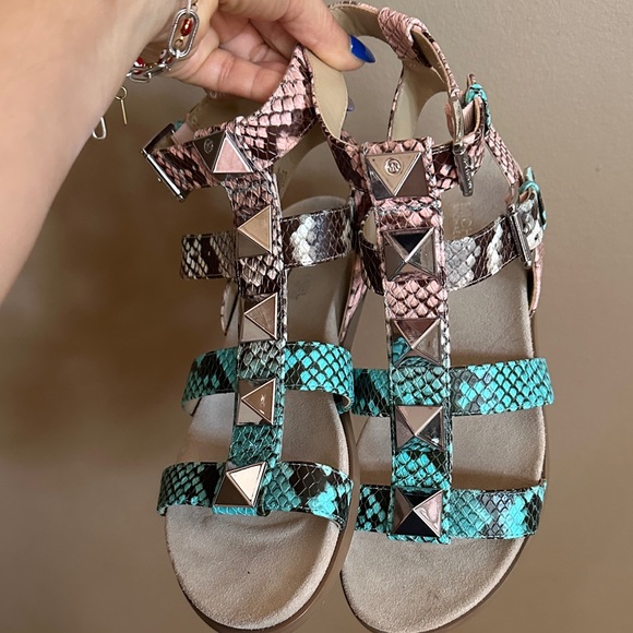 Michael Kors Pink and Green Snakeskin Sandals - Picture 1 of 8